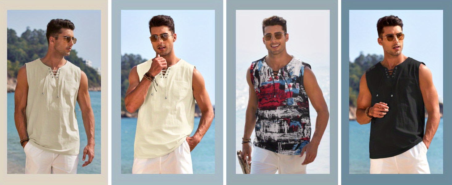 mens cotton linen top casual sleeveless lace up beach hippie tops bohemian renaissance pirate tunic crew neck printed pattern non stretch knit fabric regular fit for summer sports vest details 0
