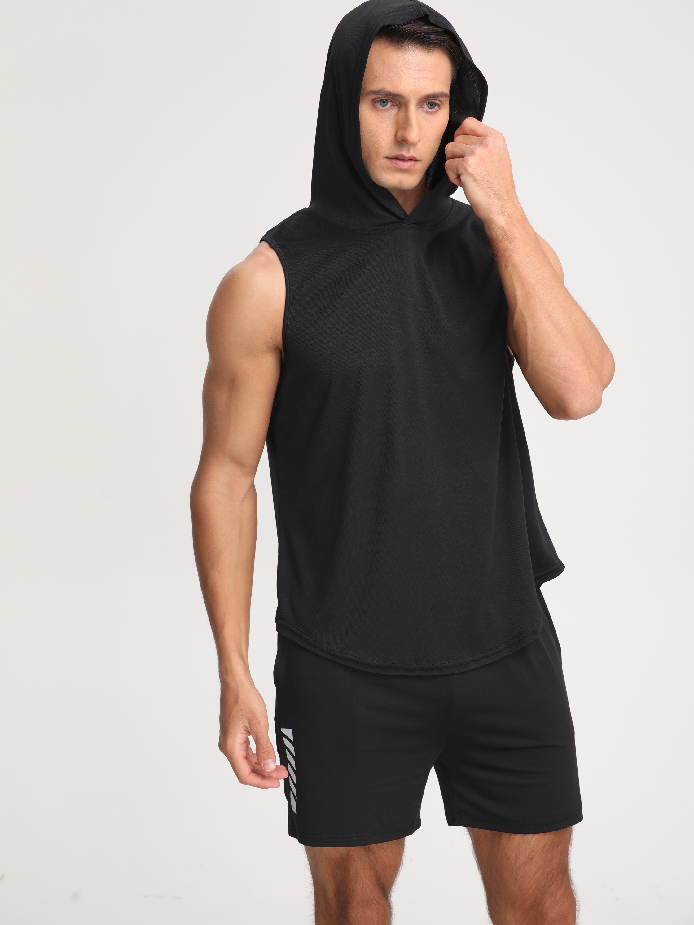mens solid color stretch hooded sweatshirt mens pullover tops for gym fitness spring and summer details 0