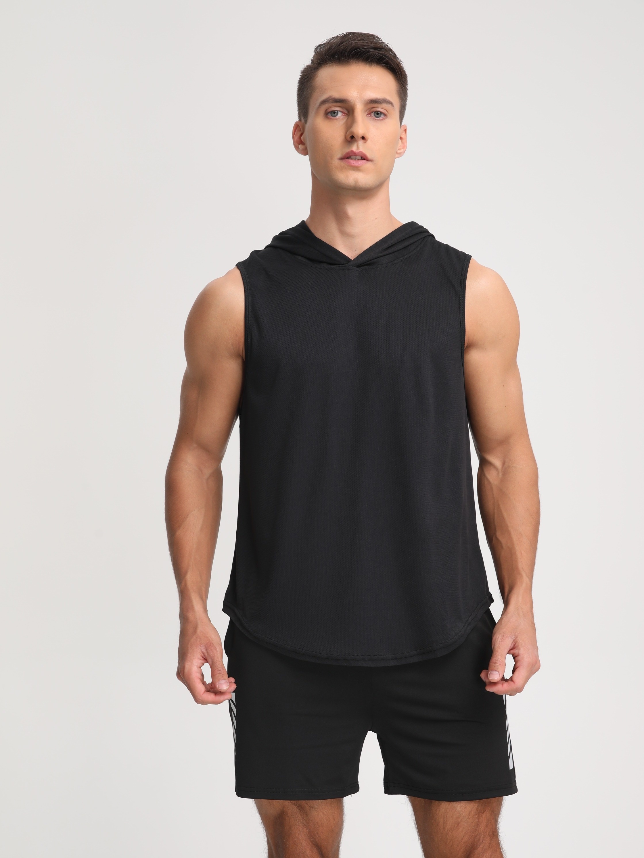 mens solid color stretch hooded sweatshirt mens pullover tops for gym fitness spring and summer details 2