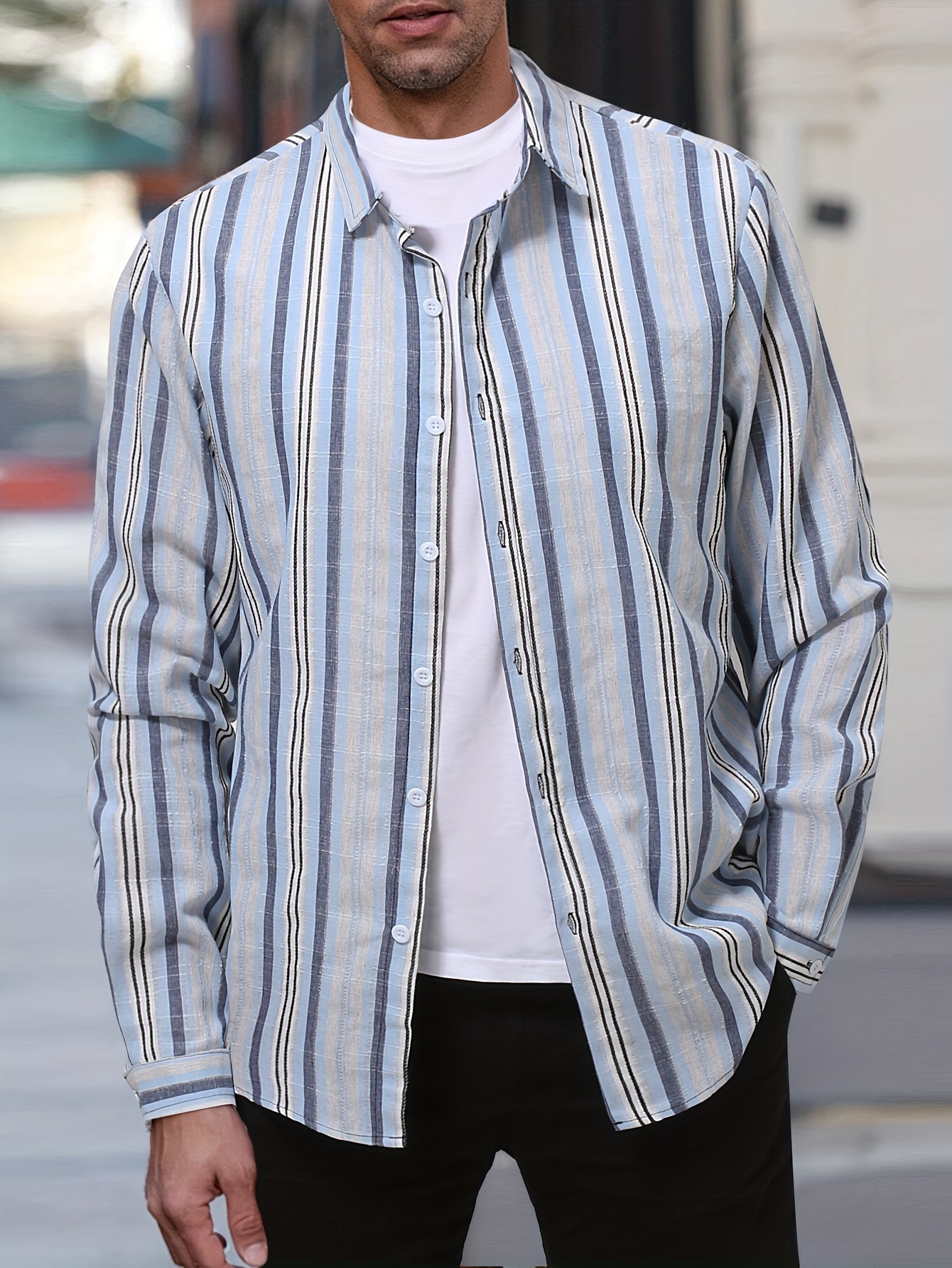 plus size mens striped shirt winter long sleeve shirt mens clothing details 0