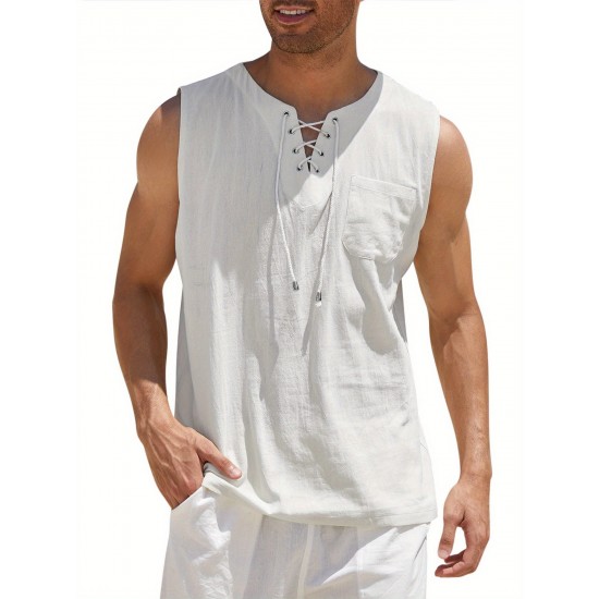 Men'S Cotton Linen Tank Top, Casual Sleeveless Lace Up Beach Hippie Tops, Bohemian Renaissance Pirate Tunic, Crew Neck, Printed Pattern, Non-Stretch Knit Fabric, Regular Fit, for Summer Sports Vest Men'S Cotton Linen Tank Top, Casual Sleeveless Lace Up Beach Hippie Tops, Bohemian Renaissance Pirate Tunic, Crew Neck, Printed Pattern, Non-Stretch Knit Fabric, Regular Fit, for Summer Sports Vest