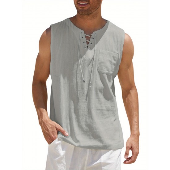 Men'S Cotton Linen Tank Top, Casual Sleeveless Lace Up Beach Hippie Tops, Bohemian Renaissance Pirate Tunic, Crew Neck, Printed Pattern, Non-Stretch Knit Fabric, Regular Fit, for Summer Sports Vest Men'S Cotton Linen Tank Top, Casual Sleeveless Lace Up Beach Hippie Tops, Bohemian Renaissance Pirate Tunic, Crew Neck, Printed Pattern, Non-Stretch Knit Fabric, Regular Fit, for Summer Sports Vest