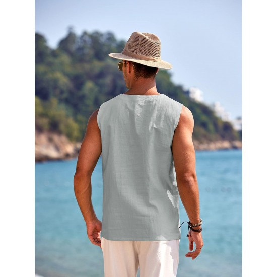 Men'S Cotton Linen Tank Top, Casual Sleeveless Lace Up Beach Hippie Tops, Bohemian Renaissance Pirate Tunic, Crew Neck, Printed Pattern, Non-Stretch Knit Fabric, Regular Fit, for Summer Sports Vest Men'S Cotton Linen Tank Top, Casual Sleeveless Lace Up Beach Hippie Tops, Bohemian Renaissance Pirate Tunic, Crew Neck, Printed Pattern, Non-Stretch Knit Fabric, Regular Fit, for Summer Sports Vest