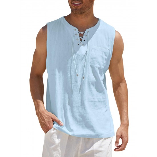 Men'S Cotton Linen Tank Top, Casual Sleeveless Lace Up Beach Hippie Tops, Bohemian Renaissance Pirate Tunic, Crew Neck, Printed Pattern, Non-Stretch Knit Fabric, Regular Fit, for Summer Sports Vest Men'S Cotton Linen Tank Top, Casual Sleeveless Lace Up Beach Hippie Tops, Bohemian Renaissance Pirate Tunic, Crew Neck, Printed Pattern, Non-Stretch Knit Fabric, Regular Fit, for Summer Sports Vest
