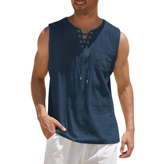 Men'S Cotton Linen Tank Top, Casual Sleeveless Lace Up Beach Hippie Tops, Bohemian Renaissance Pirate Tunic, Crew Neck, Printed Pattern, Non-Stretch Knit Fabric, Regular Fit, for Summer Sports Vest Men'S Cotton Linen Tank Top, Casual Sleeveless Lace Up Beach Hippie Tops, Bohemian Renaissance Pirate Tunic, Crew Neck, Printed Pattern, Non-Stretch Knit Fabric, Regular Fit, for Summer Sports Vest