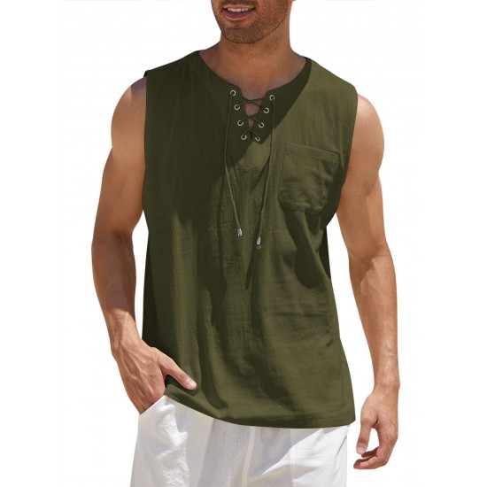 Men'S Cotton Linen Tank Top, Casual Sleeveless Lace Up Beach Hippie Tops, Bohemian Renaissance Pirate Tunic, Crew Neck, Printed Pattern, Non-Stretch Knit Fabric, Regular Fit, for Summer Sports Vest Men'S Cotton Linen Tank Top, Casual Sleeveless Lace Up Beach Hippie Tops, Bohemian Renaissance Pirate Tunic, Crew Neck, Printed Pattern, Non-Stretch Knit Fabric, Regular Fit, for Summer Sports Vest