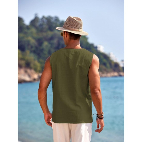 Men'S Cotton Linen Tank Top, Casual Sleeveless Lace Up Beach Hippie Tops, Bohemian Renaissance Pirate Tunic, Crew Neck, Printed Pattern, Non-Stretch Knit Fabric, Regular Fit, for Summer Sports Vest Men'S Cotton Linen Tank Top, Casual Sleeveless Lace Up Beach Hippie Tops, Bohemian Renaissance Pirate Tunic, Crew Neck, Printed Pattern, Non-Stretch Knit Fabric, Regular Fit, for Summer Sports Vest