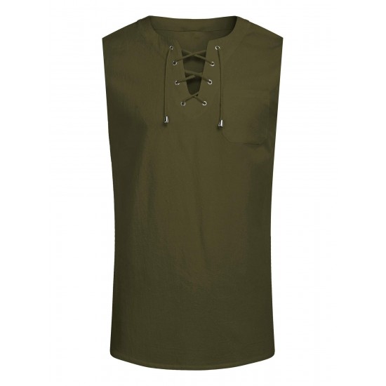 Men'S Cotton Linen Tank Top, Casual Sleeveless Lace Up Beach Hippie Tops, Bohemian Renaissance Pirate Tunic, Crew Neck, Printed Pattern, Non-Stretch Knit Fabric, Regular Fit, for Summer Sports Vest Men'S Cotton Linen Tank Top, Casual Sleeveless Lace Up Beach Hippie Tops, Bohemian Renaissance Pirate Tunic, Crew Neck, Printed Pattern, Non-Stretch Knit Fabric, Regular Fit, for Summer Sports Vest