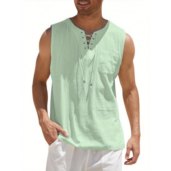Men'S Cotton Linen Tank Top, Casual Sleeveless Lace Up Beach Hippie Tops, Bohemian Renaissance Pirate Tunic, Crew Neck, Printed Pattern, Non-Stretch Knit Fabric, Regular Fit, for Summer Sports Vest Men'S Cotton Linen Tank Top, Casual Sleeveless Lace Up Beach Hippie Tops, Bohemian Renaissance Pirate Tunic, Crew Neck, Printed Pattern, Non-Stretch Knit Fabric, Regular Fit, for Summer Sports Vest