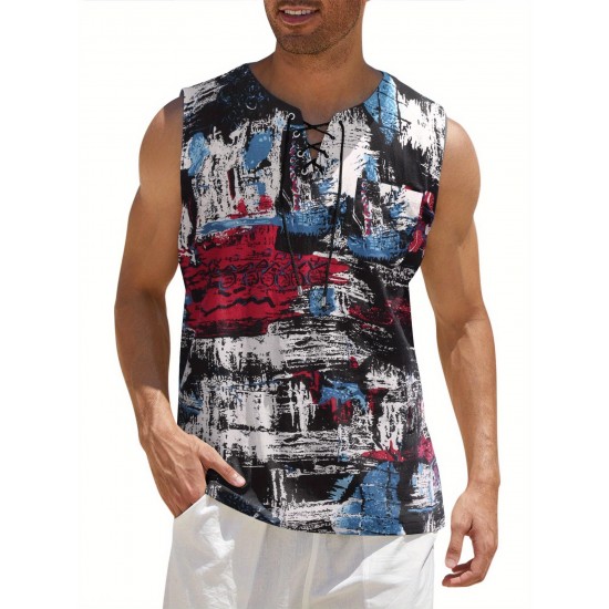 Men'S Cotton Linen Tank Top, Casual Sleeveless Lace Up Beach Hippie Tops, Bohemian Renaissance Pirate Tunic, Crew Neck, Printed Pattern, Non-Stretch Knit Fabric, Regular Fit, for Summer Sports Vest Men'S Cotton Linen Tank Top, Casual Sleeveless Lace Up Beach Hippie Tops, Bohemian Renaissance Pirate Tunic, Crew Neck, Printed Pattern, Non-Stretch Knit Fabric, Regular Fit, for Summer Sports Vest