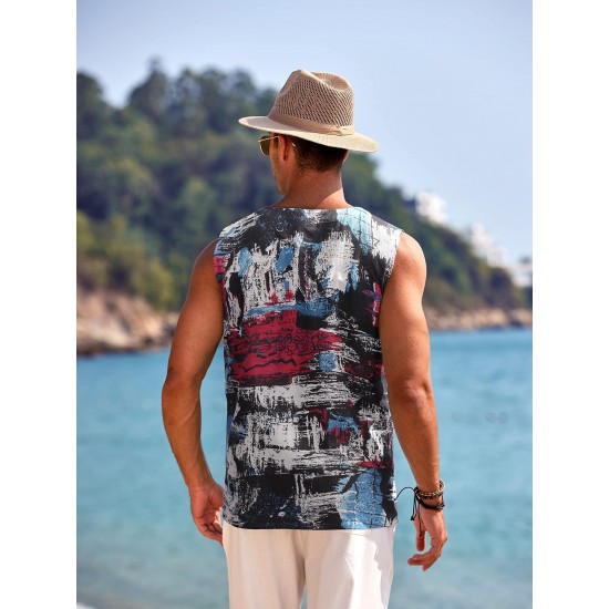 Men'S Cotton Linen Tank Top, Casual Sleeveless Lace Up Beach Hippie Tops, Bohemian Renaissance Pirate Tunic, Crew Neck, Printed Pattern, Non-Stretch Knit Fabric, Regular Fit, for Summer Sports Vest Men'S Cotton Linen Tank Top, Casual Sleeveless Lace Up Beach Hippie Tops, Bohemian Renaissance Pirate Tunic, Crew Neck, Printed Pattern, Non-Stretch Knit Fabric, Regular Fit, for Summer Sports Vest