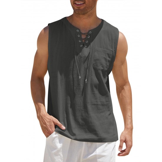 Men'S Cotton Linen Tank Top, Casual Sleeveless Lace Up Beach Hippie Tops, Bohemian Renaissance Pirate Tunic, Crew Neck, Printed Pattern, Non-Stretch Knit Fabric, Regular Fit, for Summer Sports Vest Men'S Cotton Linen Tank Top, Casual Sleeveless Lace Up Beach Hippie Tops, Bohemian Renaissance Pirate Tunic, Crew Neck, Printed Pattern, Non-Stretch Knit Fabric, Regular Fit, for Summer Sports Vest