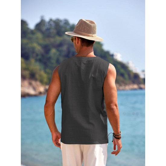 Men'S Cotton Linen Tank Top, Casual Sleeveless Lace Up Beach Hippie Tops, Bohemian Renaissance Pirate Tunic, Crew Neck, Printed Pattern, Non-Stretch Knit Fabric, Regular Fit, for Summer Sports Vest Men'S Cotton Linen Tank Top, Casual Sleeveless Lace Up Beach Hippie Tops, Bohemian Renaissance Pirate Tunic, Crew Neck, Printed Pattern, Non-Stretch Knit Fabric, Regular Fit, for Summer Sports Vest