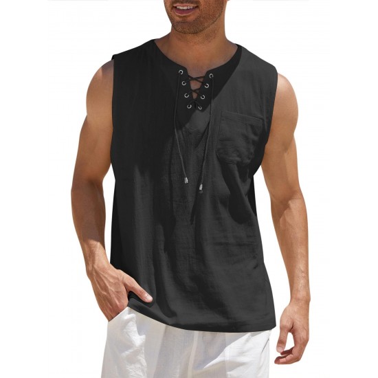 Men'S Cotton Linen Tank Top, Casual Sleeveless Lace Up Beach Hippie Tops, Bohemian Renaissance Pirate Tunic, Crew Neck, Printed Pattern, Non-Stretch Knit Fabric, Regular Fit, for Summer Sports Vest Men'S Cotton Linen Tank Top, Casual Sleeveless Lace Up Beach Hippie Tops, Bohemian Renaissance Pirate Tunic, Crew Neck, Printed Pattern, Non-Stretch Knit Fabric, Regular Fit, for Summer Sports Vest