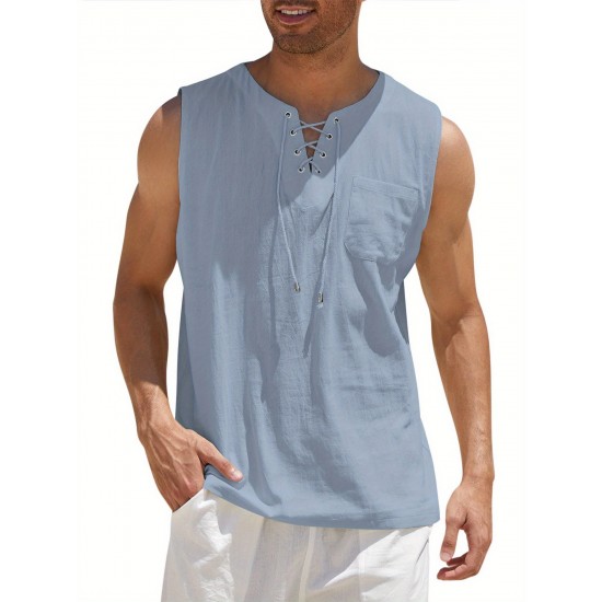 Men'S Cotton Linen Tank Top, Casual Sleeveless Lace Up Beach Hippie Tops, Bohemian Renaissance Pirate Tunic, Crew Neck, Printed Pattern, Non-Stretch Knit Fabric, Regular Fit, for Summer Sports Vest Men'S Cotton Linen Tank Top, Casual Sleeveless Lace Up Beach Hippie Tops, Bohemian Renaissance Pirate Tunic, Crew Neck, Printed Pattern, Non-Stretch Knit Fabric, Regular Fit, for Summer Sports Vest