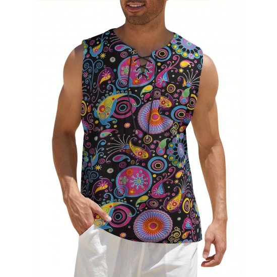 Men'S Cotton Linen Tank Top, Casual Sleeveless Lace Up Beach Hippie Tops, Bohemian Renaissance Pirate Tunic, Crew Neck, Printed Pattern, Non-Stretch Knit Fabric, Regular Fit, for Summer Sports Vest Men'S Cotton Linen Tank Top, Casual Sleeveless Lace Up Beach Hippie Tops, Bohemian Renaissance Pirate Tunic, Crew Neck, Printed Pattern, Non-Stretch Knit Fabric, Regular Fit, for Summer Sports Vest