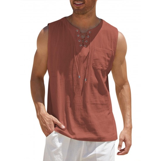 Men'S Cotton Linen Tank Top, Casual Sleeveless Lace Up Beach Hippie Tops, Bohemian Renaissance Pirate Tunic, Crew Neck, Printed Pattern, Non-Stretch Knit Fabric, Regular Fit, for Summer Sports Vest Men'S Cotton Linen Tank Top, Casual Sleeveless Lace Up Beach Hippie Tops, Bohemian Renaissance Pirate Tunic, Crew Neck, Printed Pattern, Non-Stretch Knit Fabric, Regular Fit, for Summer Sports Vest