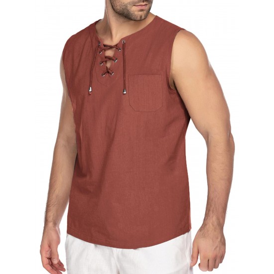 Men'S Cotton Linen Tank Top, Casual Sleeveless Lace Up Beach Hippie Tops, Bohemian Renaissance Pirate Tunic, Crew Neck, Printed Pattern, Non-Stretch Knit Fabric, Regular Fit, for Summer Sports Vest Men'S Cotton Linen Tank Top, Casual Sleeveless Lace Up Beach Hippie Tops, Bohemian Renaissance Pirate Tunic, Crew Neck, Printed Pattern, Non-Stretch Knit Fabric, Regular Fit, for Summer Sports Vest