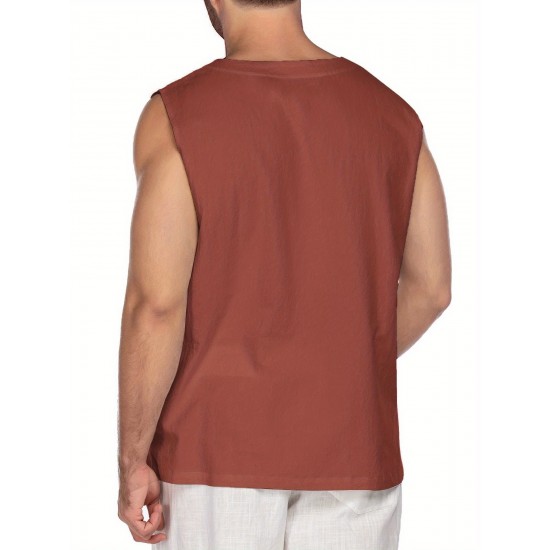 Men'S Cotton Linen Tank Top, Casual Sleeveless Lace Up Beach Hippie Tops, Bohemian Renaissance Pirate Tunic, Crew Neck, Printed Pattern, Non-Stretch Knit Fabric, Regular Fit, for Summer Sports Vest Men'S Cotton Linen Tank Top, Casual Sleeveless Lace Up Beach Hippie Tops, Bohemian Renaissance Pirate Tunic, Crew Neck, Printed Pattern, Non-Stretch Knit Fabric, Regular Fit, for Summer Sports Vest