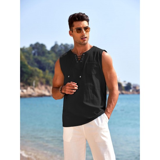 Men'S Cotton Linen Tank Top, Casual Sleeveless Lace Up Beach Hippie Tops, Bohemian Renaissance Pirate Tunic, Crew Neck, Printed Pattern, Non-Stretch Knit Fabric, Regular Fit, for Summer Sports Vest Men'S Cotton Linen Tank Top, Casual Sleeveless Lace Up Beach Hippie Tops, Bohemian Renaissance Pirate Tunic, Crew Neck, Printed Pattern, Non-Stretch Knit Fabric, Regular Fit, for Summer Sports Vest