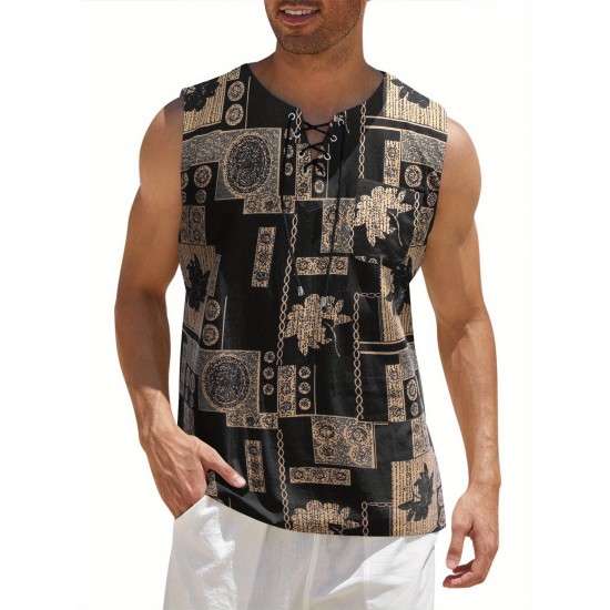 Men'S Cotton Linen Tank Top, Casual Sleeveless Lace Up Beach Hippie Tops, Bohemian Renaissance Pirate Tunic, Crew Neck, Printed Pattern, Non-Stretch Knit Fabric, Regular Fit, for Summer Sports Vest Men'S Cotton Linen Tank Top, Casual Sleeveless Lace Up Beach Hippie Tops, Bohemian Renaissance Pirate Tunic, Crew Neck, Printed Pattern, Non-Stretch Knit Fabric, Regular Fit, for Summer Sports Vest