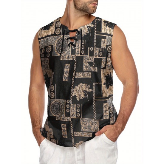 Men'S Cotton Linen Tank Top, Casual Sleeveless Lace Up Beach Hippie Tops, Bohemian Renaissance Pirate Tunic, Crew Neck, Printed Pattern, Non-Stretch Knit Fabric, Regular Fit, for Summer Sports Vest Men'S Cotton Linen Tank Top, Casual Sleeveless Lace Up Beach Hippie Tops, Bohemian Renaissance Pirate Tunic, Crew Neck, Printed Pattern, Non-Stretch Knit Fabric, Regular Fit, for Summer Sports Vest