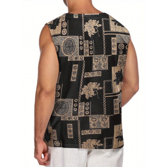 Men'S Cotton Linen Tank Top, Casual Sleeveless Lace Up Beach Hippie Tops, Bohemian Renaissance Pirate Tunic, Crew Neck, Printed Pattern, Non-Stretch Knit Fabric, Regular Fit, for Summer Sports Vest Men'S Cotton Linen Tank Top, Casual Sleeveless Lace Up Beach Hippie Tops, Bohemian Renaissance Pirate Tunic, Crew Neck, Printed Pattern, Non-Stretch Knit Fabric, Regular Fit, for Summer Sports Vest