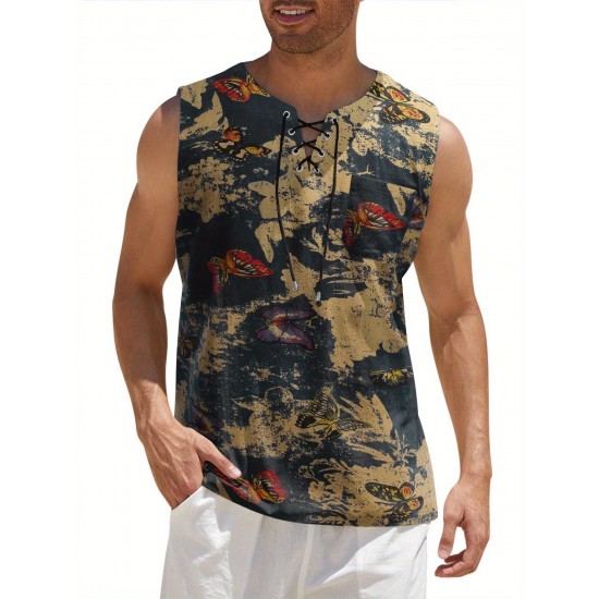 Men'S Cotton Linen Tank Top, Casual Sleeveless Lace Up Beach Hippie Tops, Bohemian Renaissance Pirate Tunic, Crew Neck, Printed Pattern, Non-Stretch Knit Fabric, Regular Fit, for Summer Sports Vest Men'S Cotton Linen Tank Top, Casual Sleeveless Lace Up Beach Hippie Tops, Bohemian Renaissance Pirate Tunic, Crew Neck, Printed Pattern, Non-Stretch Knit Fabric, Regular Fit, for Summer Sports Vest