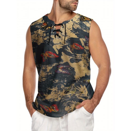 Men'S Cotton Linen Tank Top, Casual Sleeveless Lace Up Beach Hippie Tops, Bohemian Renaissance Pirate Tunic, Crew Neck, Printed Pattern, Non-Stretch Knit Fabric, Regular Fit, for Summer Sports Vest Men'S Cotton Linen Tank Top, Casual Sleeveless Lace Up Beach Hippie Tops, Bohemian Renaissance Pirate Tunic, Crew Neck, Printed Pattern, Non-Stretch Knit Fabric, Regular Fit, for Summer Sports Vest