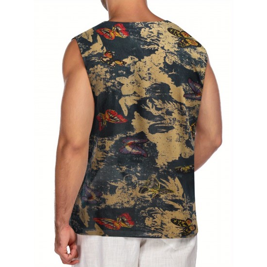 Men'S Cotton Linen Tank Top, Casual Sleeveless Lace Up Beach Hippie Tops, Bohemian Renaissance Pirate Tunic, Crew Neck, Printed Pattern, Non-Stretch Knit Fabric, Regular Fit, for Summer Sports Vest Men'S Cotton Linen Tank Top, Casual Sleeveless Lace Up Beach Hippie Tops, Bohemian Renaissance Pirate Tunic, Crew Neck, Printed Pattern, Non-Stretch Knit Fabric, Regular Fit, for Summer Sports Vest