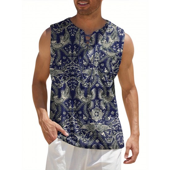 Men'S Cotton Linen Tank Top, Casual Sleeveless Lace Up Beach Hippie Tops, Bohemian Renaissance Pirate Tunic, Crew Neck, Printed Pattern, Non-Stretch Knit Fabric, Regular Fit, for Summer Sports Vest Men'S Cotton Linen Tank Top, Casual Sleeveless Lace Up Beach Hippie Tops, Bohemian Renaissance Pirate Tunic, Crew Neck, Printed Pattern, Non-Stretch Knit Fabric, Regular Fit, for Summer Sports Vest