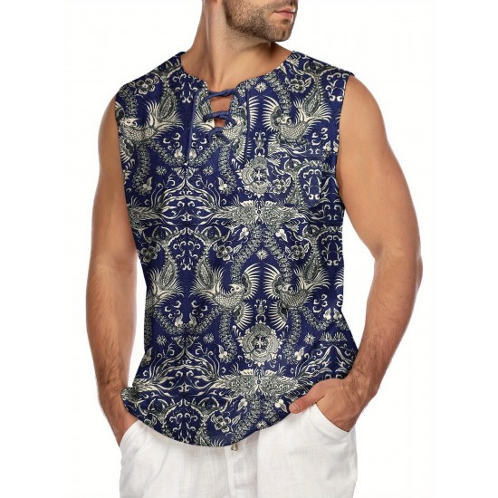 Men'S Cotton Linen Tank Top, Casual Sleeveless Lace Up Beach Hippie Tops, Bohemian Renaissance Pirate Tunic, Crew Neck, Printed Pattern, Non-Stretch Knit Fabric, Regular Fit, for Summer Sports Vest Men'S Cotton Linen Tank Top, Casual Sleeveless Lace Up Beach Hippie Tops, Bohemian Renaissance Pirate Tunic, Crew Neck, Printed Pattern, Non-Stretch Knit Fabric, Regular Fit, for Summer Sports Vest