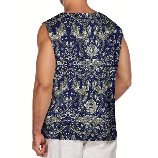 Men'S Cotton Linen Tank Top, Casual Sleeveless Lace Up Beach Hippie Tops, Bohemian Renaissance Pirate Tunic, Crew Neck, Printed Pattern, Non-Stretch Knit Fabric, Regular Fit, for Summer Sports Vest Men'S Cotton Linen Tank Top, Casual Sleeveless Lace Up Beach Hippie Tops, Bohemian Renaissance Pirate Tunic, Crew Neck, Printed Pattern, Non-Stretch Knit Fabric, Regular Fit, for Summer Sports Vest