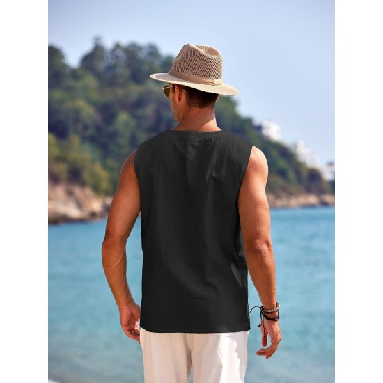 Men'S Cotton Linen Tank Top, Casual Sleeveless Lace Up Beach Hippie Tops, Bohemian Renaissance Pirate Tunic, Crew Neck, Printed Pattern, Non-Stretch Knit Fabric, Regular Fit, for Summer Sports Vest Men'S Cotton Linen Tank Top, Casual Sleeveless Lace Up Beach Hippie Tops, Bohemian Renaissance Pirate Tunic, Crew Neck, Printed Pattern, Non-Stretch Knit Fabric, Regular Fit, for Summer Sports Vest