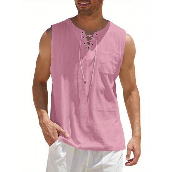 Men'S Cotton Linen Tank Top, Casual Sleeveless Lace Up Beach Hippie Tops, Bohemian Renaissance Pirate Tunic, Crew Neck, Printed Pattern, Non-Stretch Knit Fabric, Regular Fit, for Summer Sports Vest Men'S Cotton Linen Tank Top, Casual Sleeveless Lace Up Beach Hippie Tops, Bohemian Renaissance Pirate Tunic, Crew Neck, Printed Pattern, Non-Stretch Knit Fabric, Regular Fit, for Summer Sports Vest