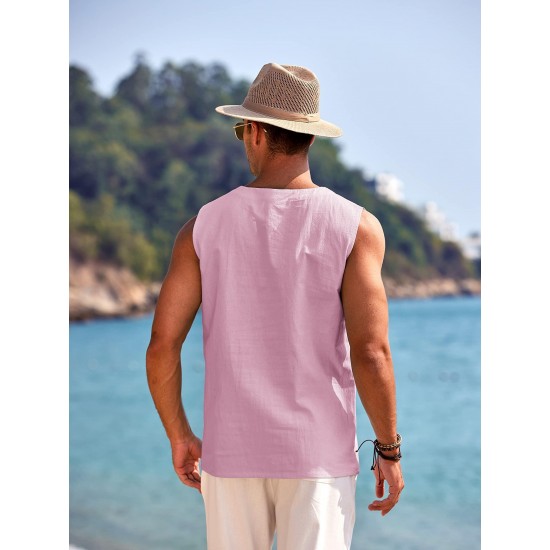 Men'S Cotton Linen Tank Top, Casual Sleeveless Lace Up Beach Hippie Tops, Bohemian Renaissance Pirate Tunic, Crew Neck, Printed Pattern, Non-Stretch Knit Fabric, Regular Fit, for Summer Sports Vest Men'S Cotton Linen Tank Top, Casual Sleeveless Lace Up Beach Hippie Tops, Bohemian Renaissance Pirate Tunic, Crew Neck, Printed Pattern, Non-Stretch Knit Fabric, Regular Fit, for Summer Sports Vest