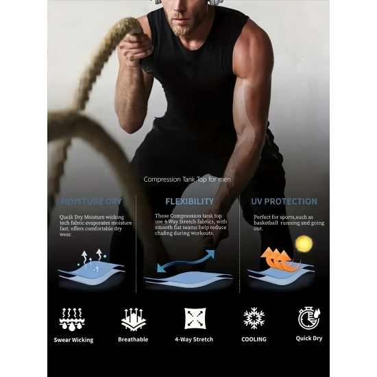 High Stretch Quick Dry Men's Solid Tank Top, Active Crew Neck Sleeveless Top for Summer Outdoor High Stretch Quick Dry Men's Solid Tank Top, Active Crew Neck Sleeveless Top for Summer Outdoor