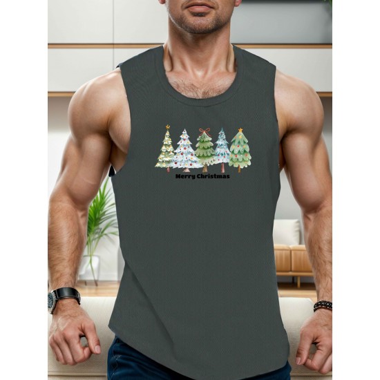 1pc Men'S Casual Christmas Tree Print Sleeveless Tank Top, Polyester Knit Round Neck Vest for Summer, Regular Fit Adult Tank 1pc Men'S Casual Christmas Tree Print Sleeveless Tank Top, Polyester Knit Round Neck Vest for Summer, Regular Fit Adult Tank