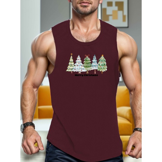 1pc Men'S Casual Christmas Tree Print Sleeveless Tank Top, Polyester Knit Round Neck Vest for Summer, Regular Fit Adult Tank 1pc Men'S Casual Christmas Tree Print Sleeveless Tank Top, Polyester Knit Round Neck Vest for Summer, Regular Fit Adult Tank