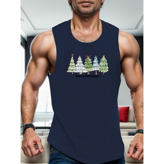 1pc Men'S Casual Christmas Tree Print Sleeveless Tank Top, Polyester Knit Round Neck Vest for Summer, Regular Fit Adult Tank 1pc Men'S Casual Christmas Tree Print Sleeveless Tank Top, Polyester Knit Round Neck Vest for Summer, Regular Fit Adult Tank
