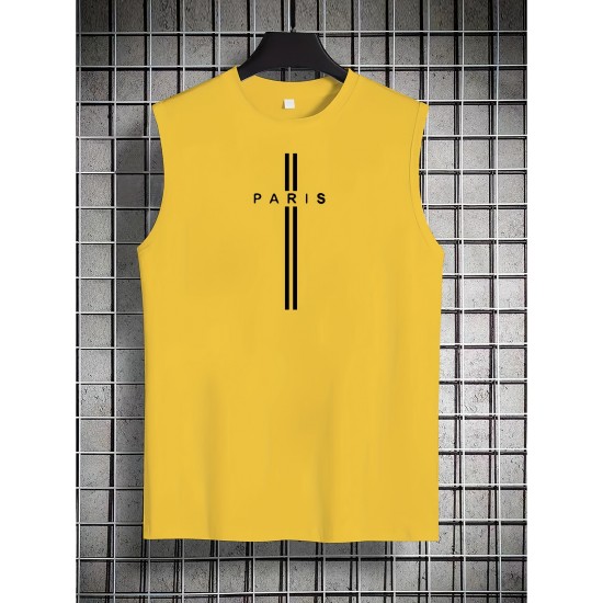 Men's Summer Fashion Tank Top - Casual Round Neck, Stretchy Polyester & Spandex Blend, Breathable Sleeveless Shirt with Trendy Paris Print, Perfect for Gym & Sports, Non-Transparent Men's Summer Fashion Tank Top - Casual Round Neck, Stretchy Polyester & Spandex Blend, Breathable Sleeveless Shirt with Trendy Paris Print, Perfect for Gym & Sports, Non-Transparent