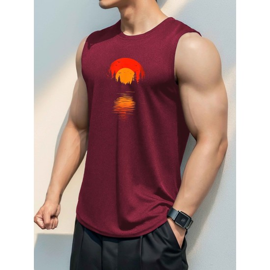 Men'S Casual Crew Neck Tank Top, 100% Polyester Knit Fabric, Regular Fit, Geometric Sunset Pattern, Slight Stretch, for Summer Sleeveless Shirt Men'S Casual Crew Neck Tank Top, 100% Polyester Knit Fabric, Regular Fit, Geometric Sunset Pattern, Slight Stretch, for Summer Sleeveless Shirt