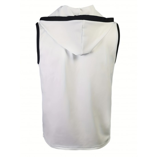 1pc Men'S Elegant Solid Color Hooded Tank Top - Polyester Knit Fabric with Slight Stretch, Waffle Sleeveless Design, Regular Fit, Braided Detail 1pc Men'S Elegant Solid Color Hooded Tank Top - Polyester Knit Fabric with Slight Stretch, Waffle Sleeveless Design, Regular Fit, Braided Detail