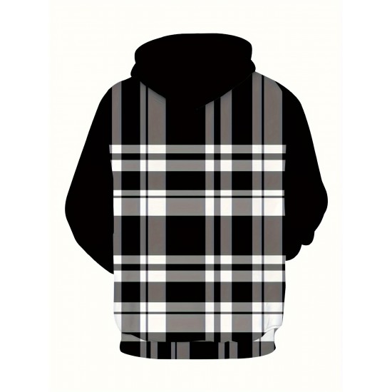 Men's Plus Size Hoodie with Plaid Print - Casual Pullover, Polyester Blend, Machine Washable, PLUS SIZE Men's Plus Size Hoodie with Plaid Print - Casual Pullover, Polyester Blend, Machine Washable, PLUS SIZE