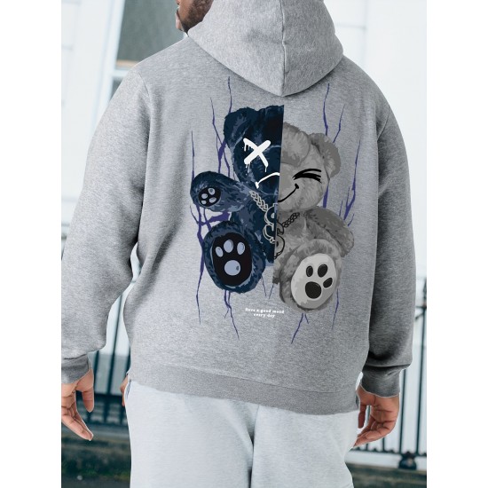 Men's Plus Size Casual Hoodie with Geometric Bear Design - Polyester, Machine Washable, Faux Pocket Detail, PLUS SIZE Men's Plus Size Casual Hoodie with Geometric Bear Design - Polyester, Machine Washable, Faux Pocket Detail, PLUS SIZE