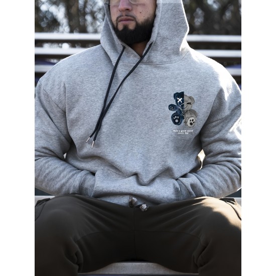 Men's Plus Size Casual Hoodie with Geometric Bear Design - Polyester, Machine Washable, Faux Pocket Detail, PLUS SIZE Men's Plus Size Casual Hoodie with Geometric Bear Design - Polyester, Machine Washable, Faux Pocket Detail, PLUS SIZE