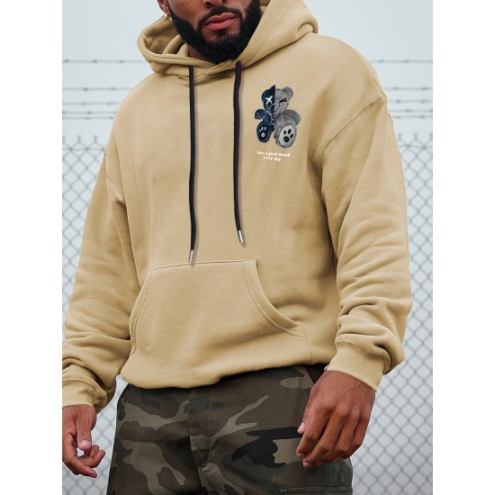 Men's Plus Size Casual Hoodie with Geometric Bear Design - Polyester, Machine Washable, Faux Pocket Detail, PLUS SIZE Men's Plus Size Casual Hoodie with Geometric Bear Design - Polyester, Machine Washable, Faux Pocket Detail, PLUS SIZE