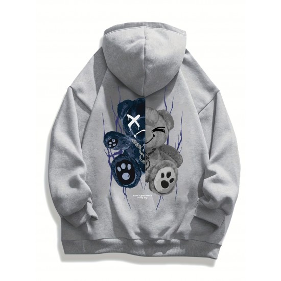 Men's Plus Size Casual Hoodie with Geometric Bear Design - Polyester, Machine Washable, Faux Pocket Detail, PLUS SIZE Men's Plus Size Casual Hoodie with Geometric Bear Design - Polyester, Machine Washable, Faux Pocket Detail, PLUS SIZE