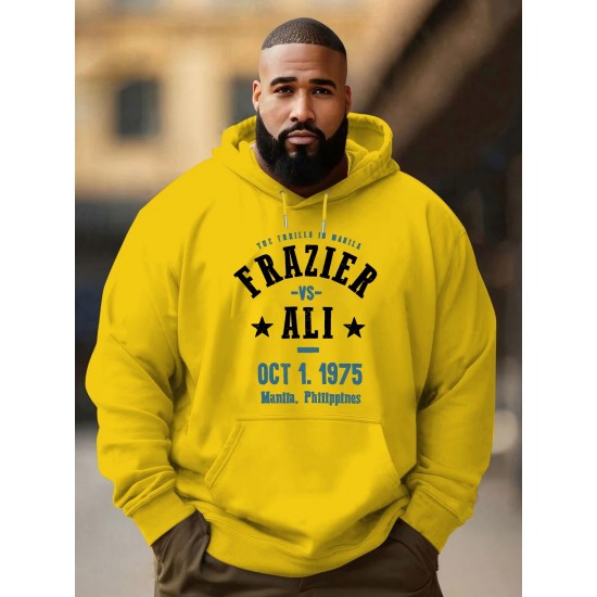 Men'S Plus Size Hoodie, Frazier vs Ali 1975 Print, Polyester Microfiber, Casual Sports Sweatshirt with Drawstring, Regular Fit, Knit Fabric, Autumn & Winter Fashion Men'S Plus Size Hoodie, Frazier vs Ali 1975 Print, Polyester Microfiber, Casual Sports Sweatshirt with Drawstring, Regular Fit, Knit Fabric, Autumn & Winter Fashion
