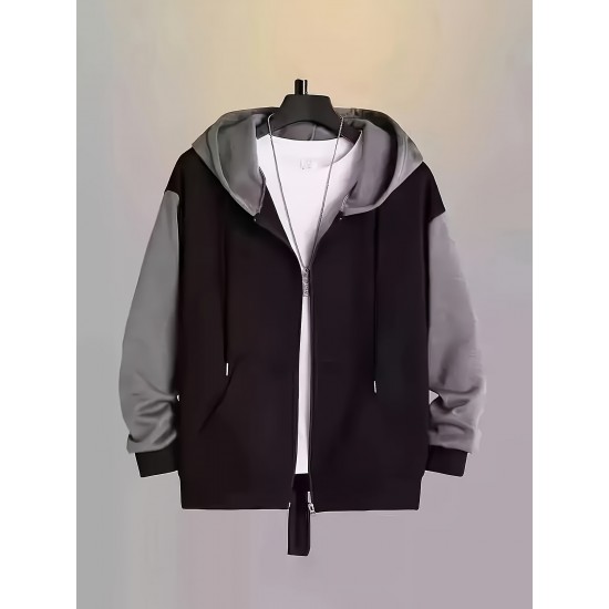 Plus Size Men's Vibrant Contrast Color Hooded Jacket for Spring and Fall Outdoor Sports - Water-Resistant, Breathable, and Soft Fleece Lining - Perfect for Hiking, Camping, and Casual Wear Plus Size Men's Vibrant Contrast Color Hooded Jacket for Spring and Fall Outdoor Sports - Water-Resistant, Breathable, and Soft Fleece Lining - Perfect for Hiking, Camping, and Casual Wear